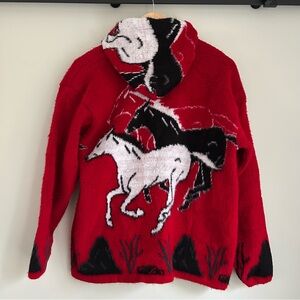 Horse Soft Fleece Red Black & White Full Zip Hooded Sweater Jacket Large